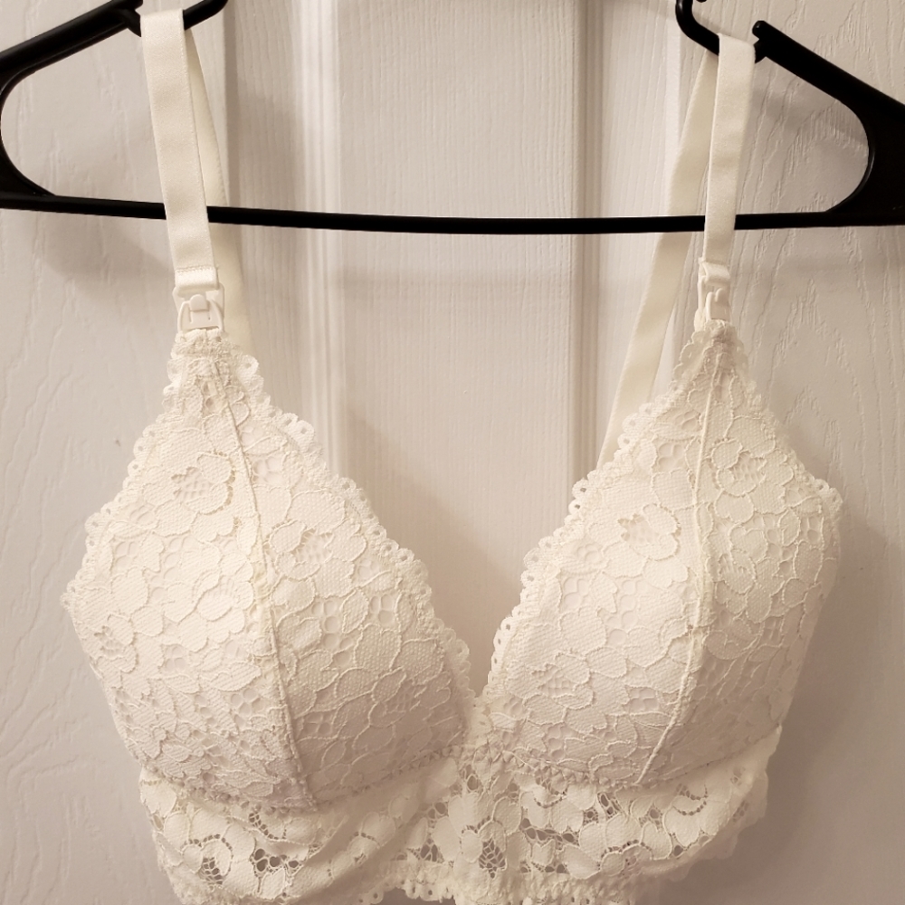 Momanda - Lace Plunge Nursing Bralette, White, Size 36C